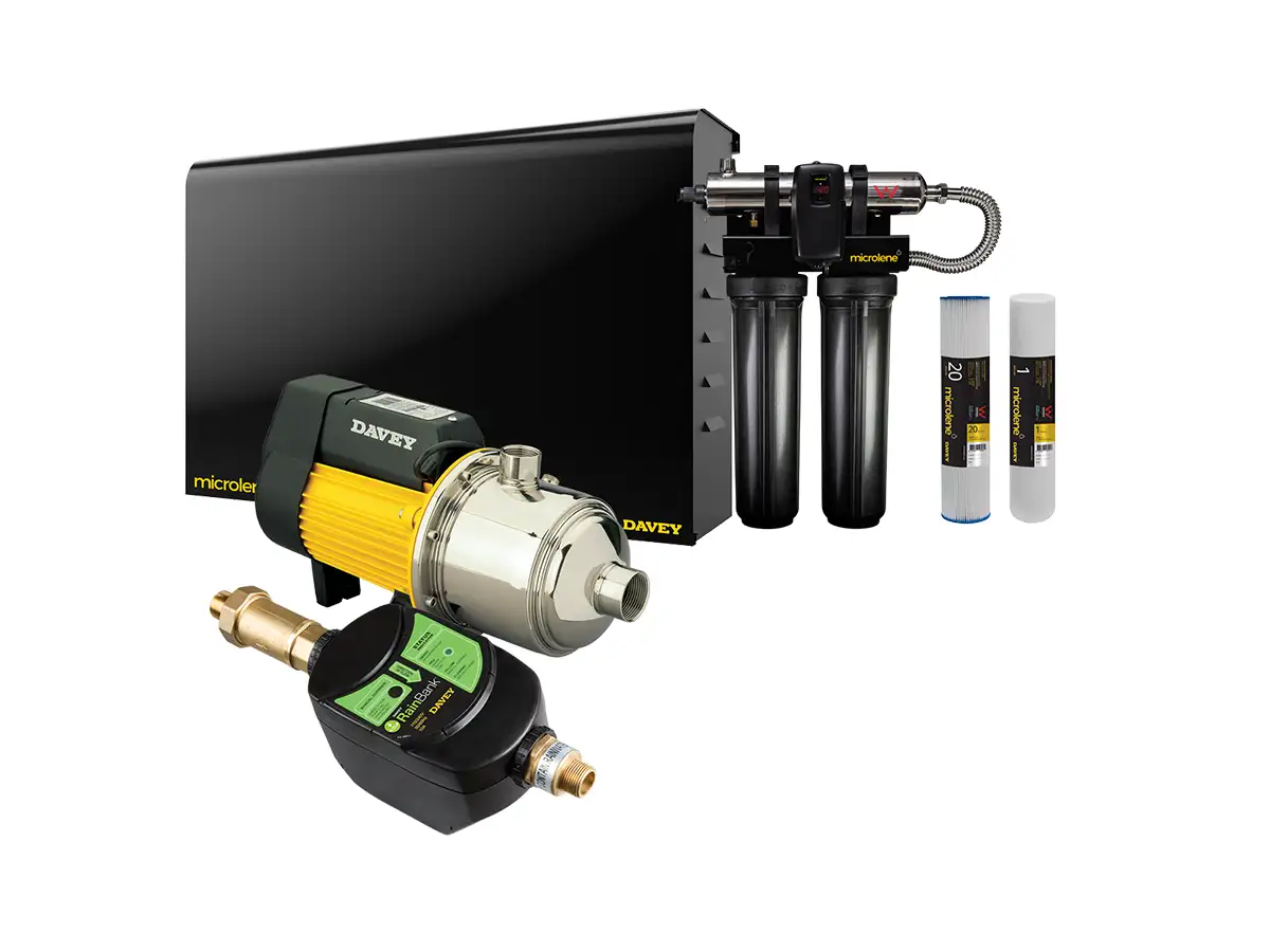 Davey pressure pump with pump cover, RainBank controller and Microlene UV filtration system for tank water