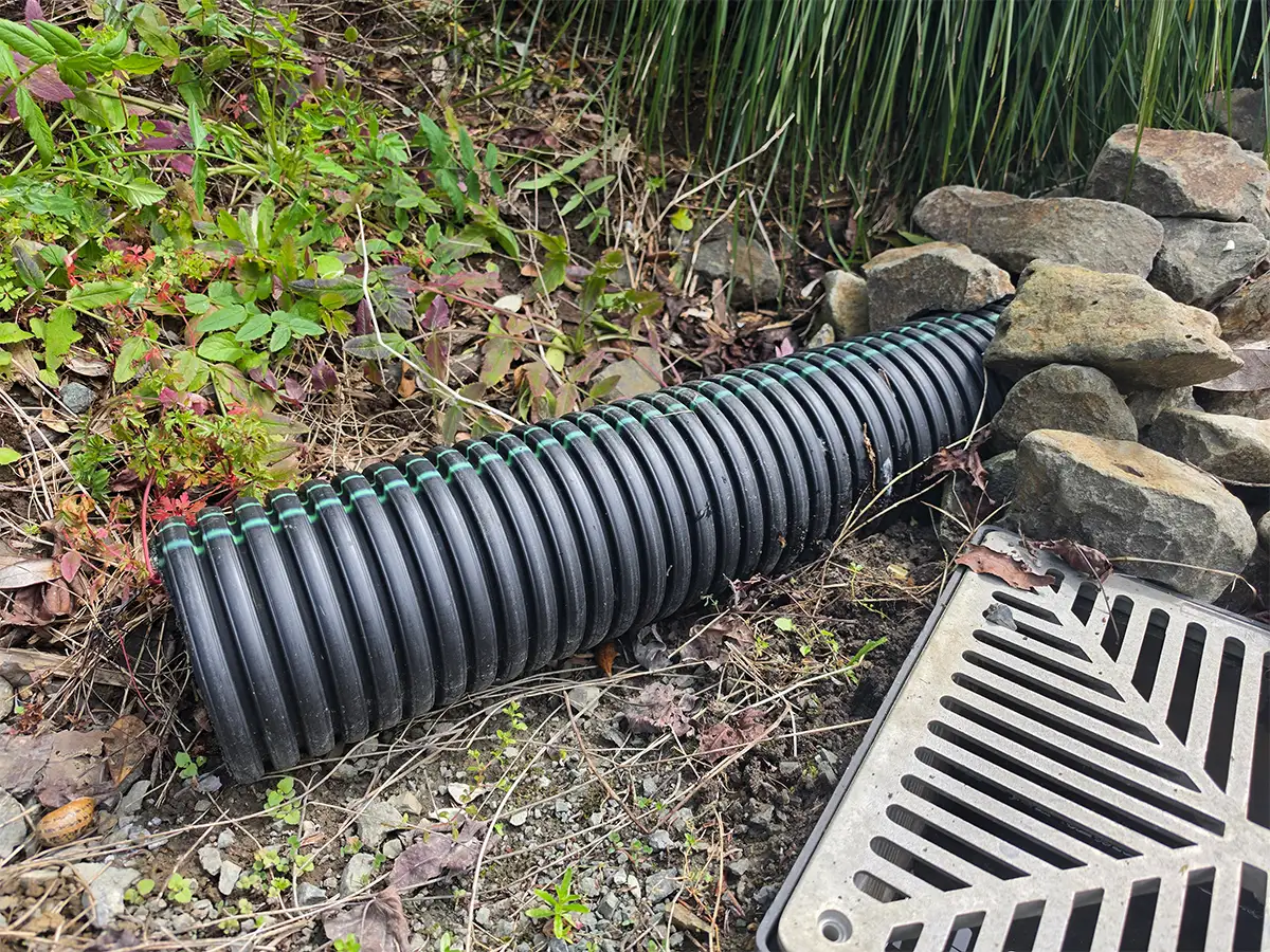 Black corrugated subsoil drainage pipe laid beside a garden bed and drainage grate